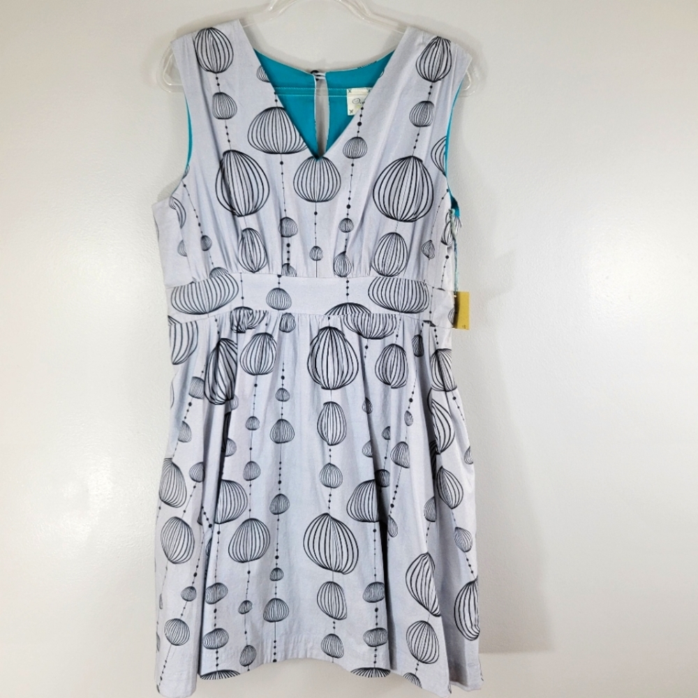 OAK light blue balloon globe printed sleeveless fit flare cotton blend dress NEW